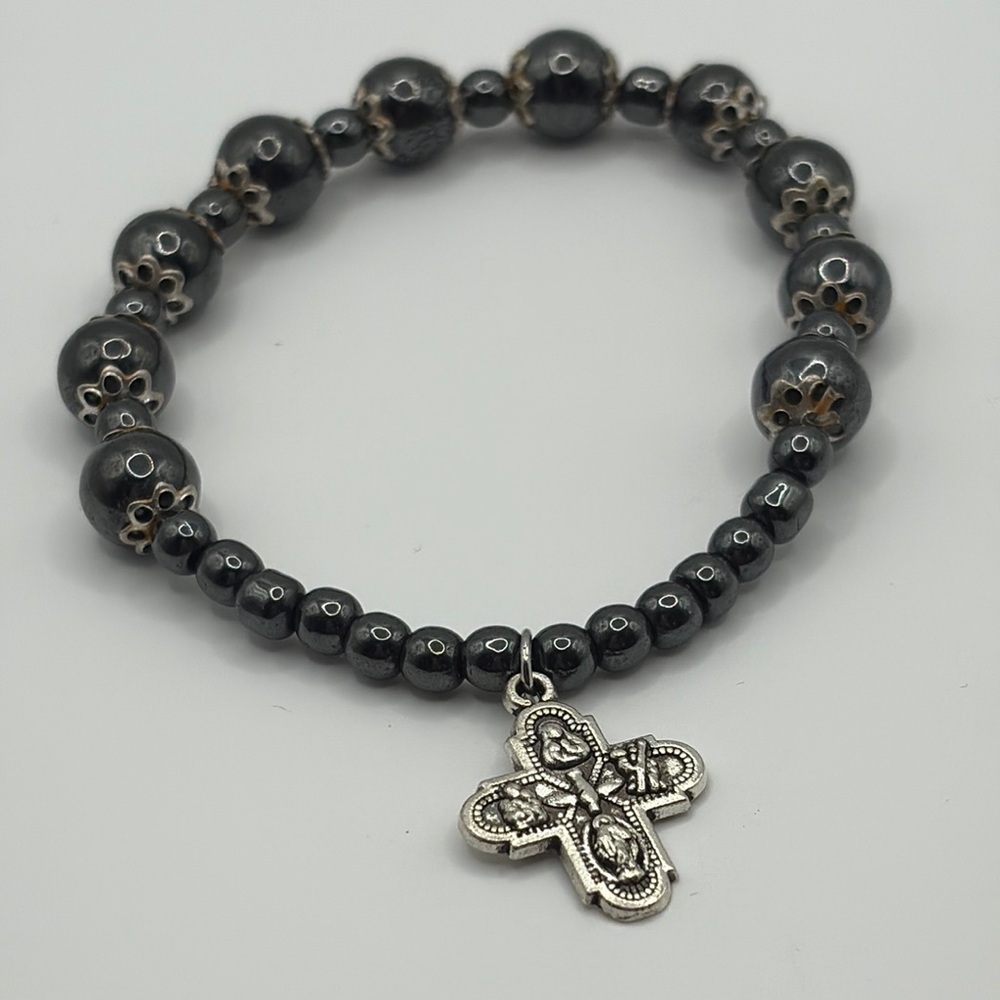 Elegant hematite Beaded Bracelet with Cross Charm 6-7” stretch